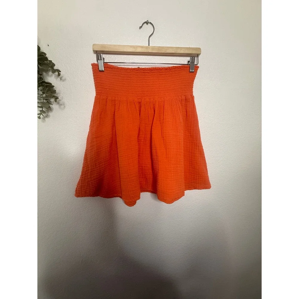 Michael Stars Havana Smocked Mini Skirt Heatwave Orange Cotton Gauze Size M NEW